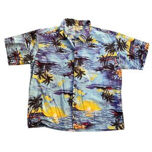 Royal Creations Hawaiian Shirt Women Size XL 16 Blue Palm Trees Button Up Cotton